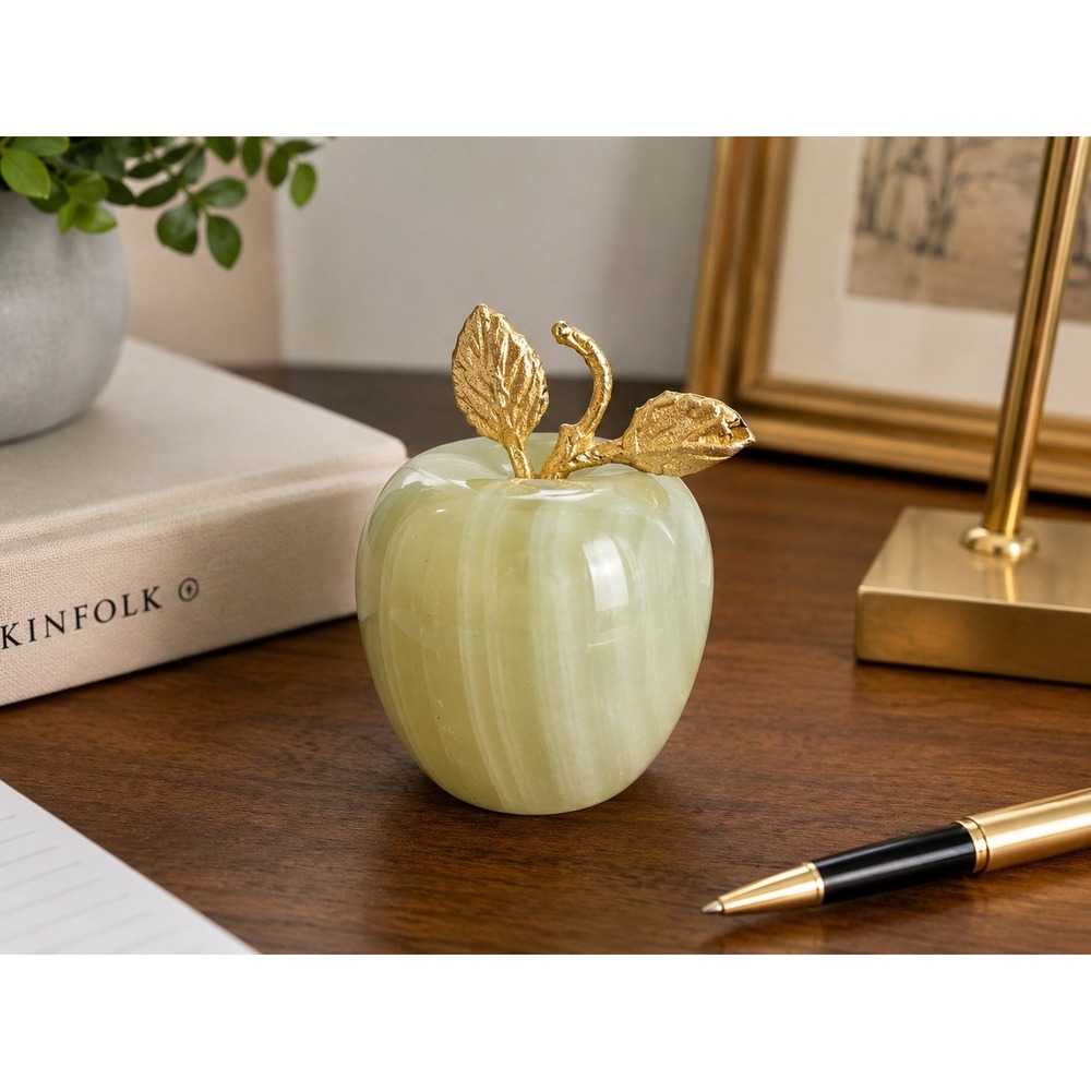 Vintage Green‎ Onyx Apple Paperweight Gold Leaves Stone Desk Decor 3.5 Inch